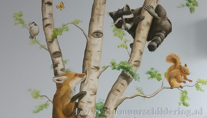 boom dieren kinderkamer wandschildering