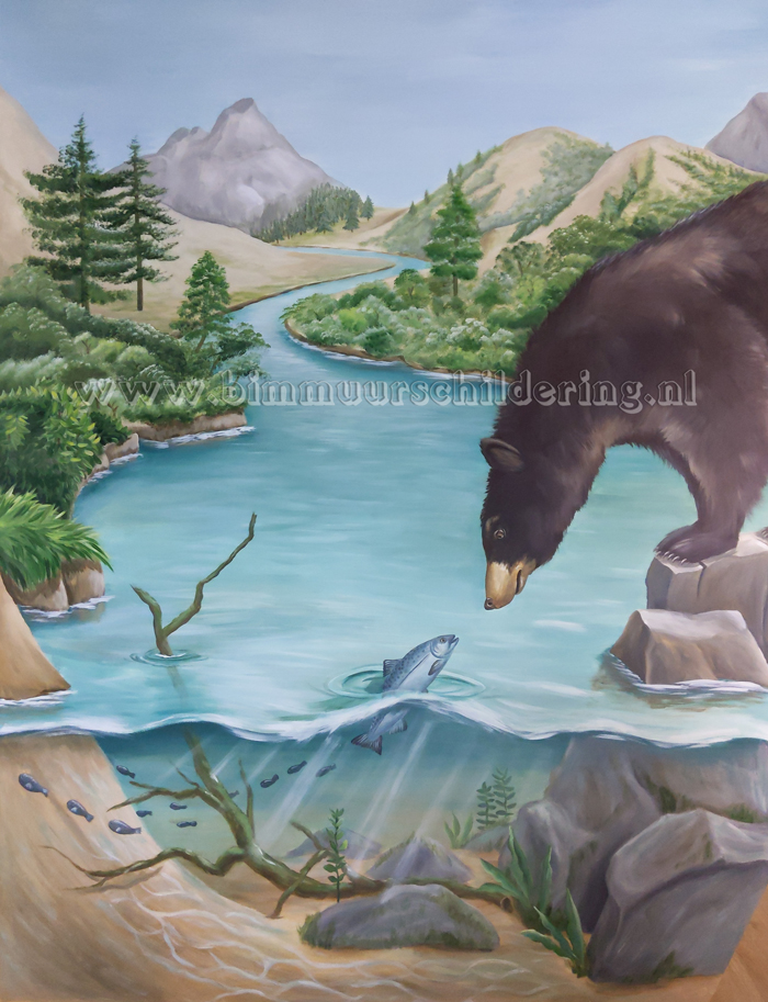 landschap muurschildering meer bergen bomen