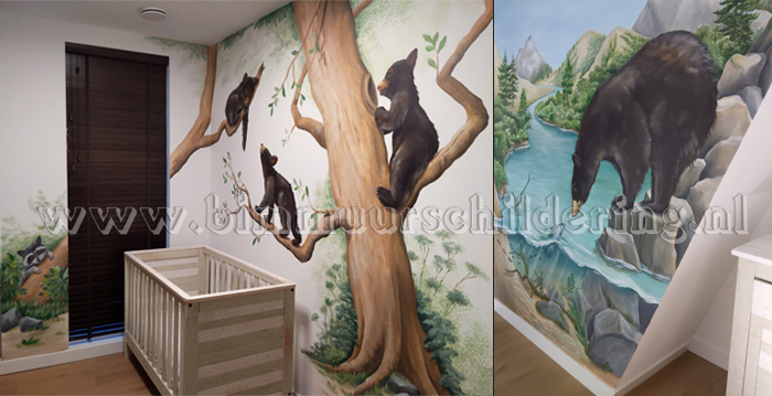 muurschildering beren met geboortekaart