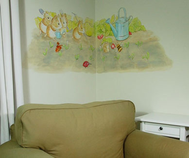 Beatrix Potter moestuin muurschildering