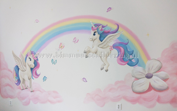unicorns vliegend met regenboog