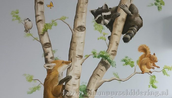 boom dieren kinderkamer wandschildering